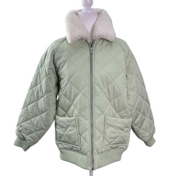 Lovers and Friends x Rachel Evie Quilted Jacket in Sage Green Fur Collar SZ XS - Picture 2 of 9